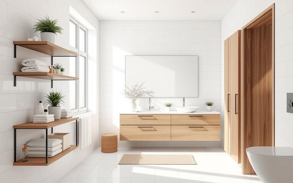 Bathroom storage organization tips: a minimalist, well-lit bathroom interior with sleek white tiles, wood accents, and natural light flooding through a large window. In the foreground, various bathroom essentials neatly organized on floating shelves - towels, toiletries, and potted plants. In the middle ground, a freestanding vanity with drawers and cabinets, perfectly arranged to maximize storage space. The background features a large, frameless mirror reflecting the organized space, creating a sense of depth and balance. The overall atmosphere is calm, serene, and effortlessly organized, inspiring viewers to streamline their own bathroom storage.