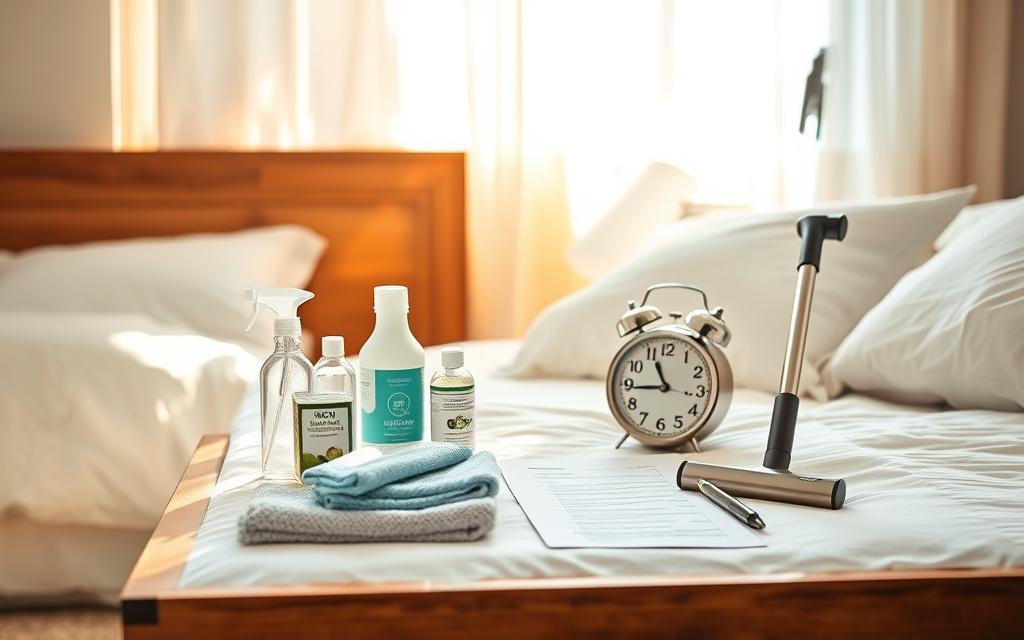 Bedroom Cleaning Preparation: A sunlit bedroom, soft white linens and plush pillows. Cleaning supplies neatly arranged on a wooden nightstand - microfiber cloths, eco-friendly cleaners, and a compact vacuum in sleek chrome. On the bed, a checklist and a vintage alarm clock tick-tocking. Warm natural light filters through sheer curtains, casting a gentle glow. The room exudes a sense of calm and organization, ready for a thorough, mindful deep clean. Camera positioned to capture the scene in a cozy, intimate frame.
