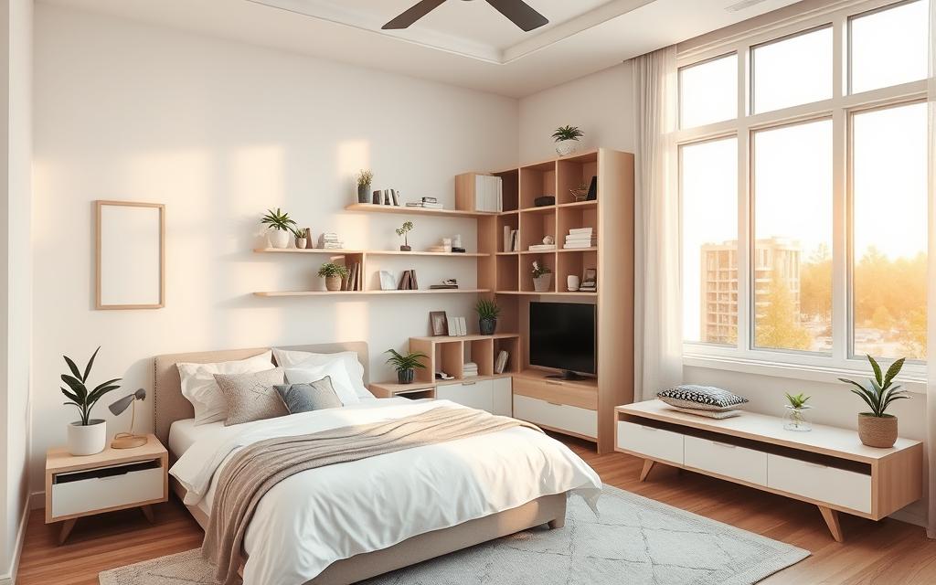Highly detailed, wide-angle photograph of a bright, airy bedroom with minimalist modern decor. Prominent focus on creative storage solutions such as floating shelves, modular cubbies, and multifunctional furniture. Warm, natural lighting filters in through large windows, casting a soft glow over sleek, minimalist design elements. Carefully curated array of decorative accents and plants tastefully complement the utilitarian storage pieces. Seamless integration of form and function, showcasing innovative ways to maximize limited space in a small living area.