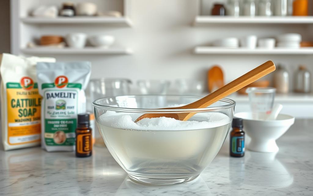 Homemade Liquid Laundry Detergent Preparation: a well-lit countertop scene with a glass mixing bowl filled with clear liquid, surrounded by various eco-friendly ingredients like castile soap, washing soda, and essential oils. In the foreground, a wooden spoon gently stirs the mixture, creating a soft, foamy texture. The middle ground features measuring cups and a funnel, suggesting a step-by-step process. The background showcases simple, minimalist kitchen shelves holding neatly organized jars and bottles, conveying a sense of order and simplicity. The overall mood is clean, natural, and approachable, inviting the viewer to consider making their own homemade laundry detergent.