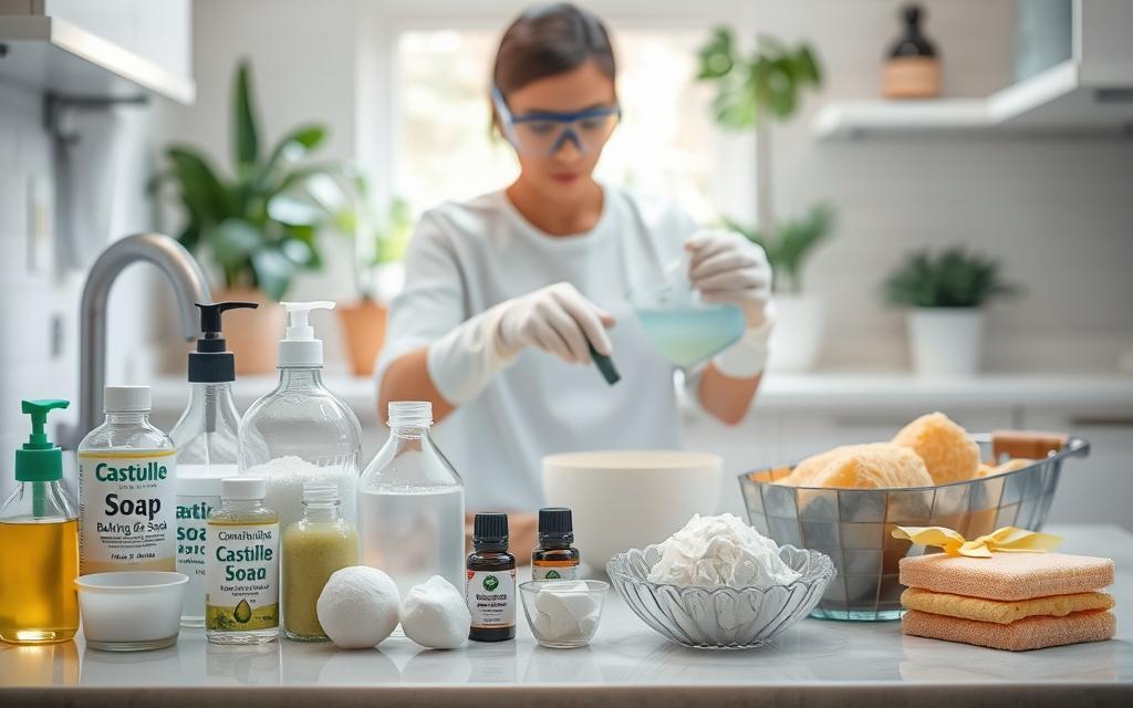 Photorealistic image of a sink area with a variety of natural, chemical-free dish soap ingredients and supplies displayed. In the foreground, various bottles, jars, and bowls containing ingredients like castile soap, baking soda, essential oils, and natural sponges. In the middle ground, a person wearing protective gloves and safety goggles, carefully measuring and mixing the ingredients. The background features a clean, well-lit kitchen countertop with plants and natural light filtering in through a window. The lighting is soft and diffused, creating a warm, relaxing atmosphere. The overall scene conveys a sense of safety, simplicity, and natural cleanliness when making homemade dish soap.