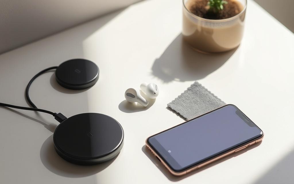 Smartphone Accessories Cleaning Guide: A detailed still life scene showcasing various smartphone accessories, such as a wireless charger, earbuds, and a screen cleaning cloth, all arranged on a minimalist, light-colored surface. Bright, directional lighting from the side casts soft shadows, highlighting the textures and materials of the objects. The overall mood is clean, modern, and informative, guiding the viewer on how to properly maintain and care for these essential smartphone accessories. Smartphone Accessories Cleaning Guide: A detailed still life scene showcasing various smartphone accessories, such as a wireless charger, earbuds, and a screen cleaning cloth, all arranged on a minimalist, light-colored surface. Bright, directional lighting from the side casts soft shadows, highlighting the textures and materials of the objects. The overall mood is clean, modern, and informative, guiding the viewer on how to properly maintain and care for these essential smartphone accessories.