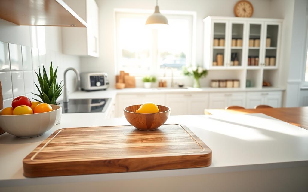 A bright, airy kitchen featuring a clutter-free countertop showcasing functional storage solutions. In the foreground, a sleek, minimalist wooden cutting board with a neatly arranged fruit bowl and an attractive plant. The middle ground highlights organized cabinets with labeled glass jars, neatly lined spice containers, and a stylish toaster. The background reveals bright white walls with natural light streaming in through a large window, casting soft shadows. A wooden dining table in the distance complements the warm atmosphere. The overall mood is calm and inviting, emphasizing cleanliness and efficiency. Use a wide-angle lens to enhance the spacious feel, capturing the clean lines and tidy organization in vibrant, natural lighting.