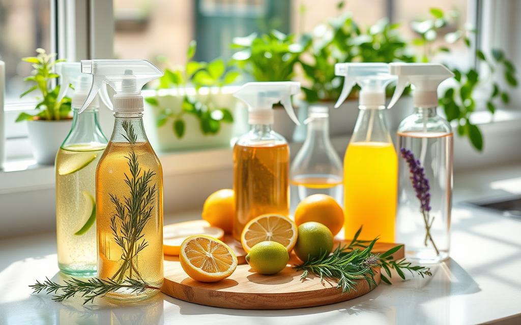 A bright and inviting kitchen countertop filled with an assortment of eco-friendly cleaners. In the foreground, several clear glass spray bottles are filled with vibrant natural cleaning solutions, showcasing colorful liquids like green lemon-infused vinegar, orange-citrus spritz, and lavender-infused water. Fresh herbs like rosemary and mint are placed around the bottles, adding a touch of nature. In the middle ground, a wooden cutting board displays slices of lemons, limes, and sprigs of eucalyptus. The background features a sunny window with plants growing on the sill, creating a warm, green atmosphere. Soft, natural light floods the scene, enhancing the calming and wholesome feel of a sustainable cleaning environment. The angle captures the essence of a clean, eco-friendly home. A bright and inviting kitchen countertop filled with an assortment of eco-friendly cleaners. In the foreground, several clear glass spray bottles are filled with vibrant natural cleaning solutions, showcasing colorful liquids like green lemon-infused vinegar, orange-citrus spritz, and lavender-infused water. Fresh herbs like rosemary and mint are placed around the bottles, adding a touch of nature. In the middle ground, a wooden cutting board displays slices of lemons, limes, and sprigs of eucalyptus. The background features a sunny window with plants growing on the sill, creating a warm, green atmosphere. Soft, natural light floods the scene, enhancing the calming and wholesome feel of a sustainable cleaning environment. The angle captures the essence of a clean, eco-friendly home.