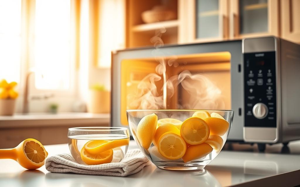 A bright and inviting kitchen scene featuring a microwave with its door open, releasing visible steam infused with lemon slices. In the foreground, a glass bowl filled with lemon slices and water sits on a clean countertop, alongside a citrus juicer and a kitchen towel. In the middle ground, the microwave is prominently displayed, showcasing the lemons inside, with steam rising in wispy trails. The background consists of soft-focus cabinets and a window allowing warm, natural light to fill the room, creating a cheerful atmosphere. The overall mood is fresh and clean, emphasizing a practical and effective cleaning method. The camera angle is slightly above eye level, capturing the entire setup in a well-composed, professional manner.