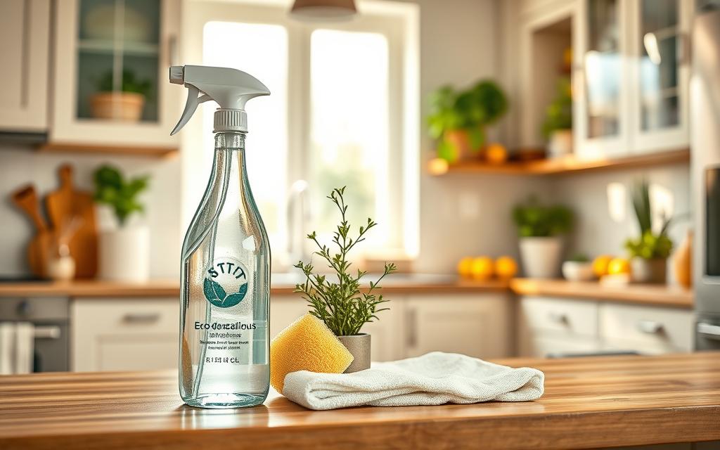A bright and inviting kitchen scene featuring an assortment of eco-conscious cleaning products displayed prominently on a wooden countertop. In the foreground, a sleek, bottle-shaped cleaner made from recycled glass stands beside a biodegradable sponge and a reusable cloth, all illuminated by soft, natural sunlight streaming through a window. In the middle, a small indoor plant, symbolizing sustainability, adds a touch of greenery. In the background, light-colored cabinets and shelves filled with natural elements, such as herbs and citrus fruits, enhance the eco-friendly atmosphere. The composition is warm and welcoming, with a focus on promoting a conscious lifestyle through vibrant colors and natural textures. Use a wide-angle lens to capture the depth of the space, ensuring a clean, clutter-free aesthetic reminiscent of a harmonious home. A bright and inviting kitchen scene featuring an assortment of eco-conscious cleaning products displayed prominently on a wooden countertop. In the foreground, a sleek, bottle-shaped cleaner made from recycled glass stands beside a biodegradable sponge and a reusable cloth, all illuminated by soft, natural sunlight streaming through a window. In the middle, a small indoor plant, symbolizing sustainability, adds a touch of greenery. In the background, light-colored cabinets and shelves filled with natural elements, such as herbs and citrus fruits, enhance the eco-friendly atmosphere. The composition is warm and welcoming, with a focus on promoting a conscious lifestyle through vibrant colors and natural textures. Use a wide-angle lens to capture the depth of the space, ensuring a clean, clutter-free aesthetic reminiscent of a harmonious home.