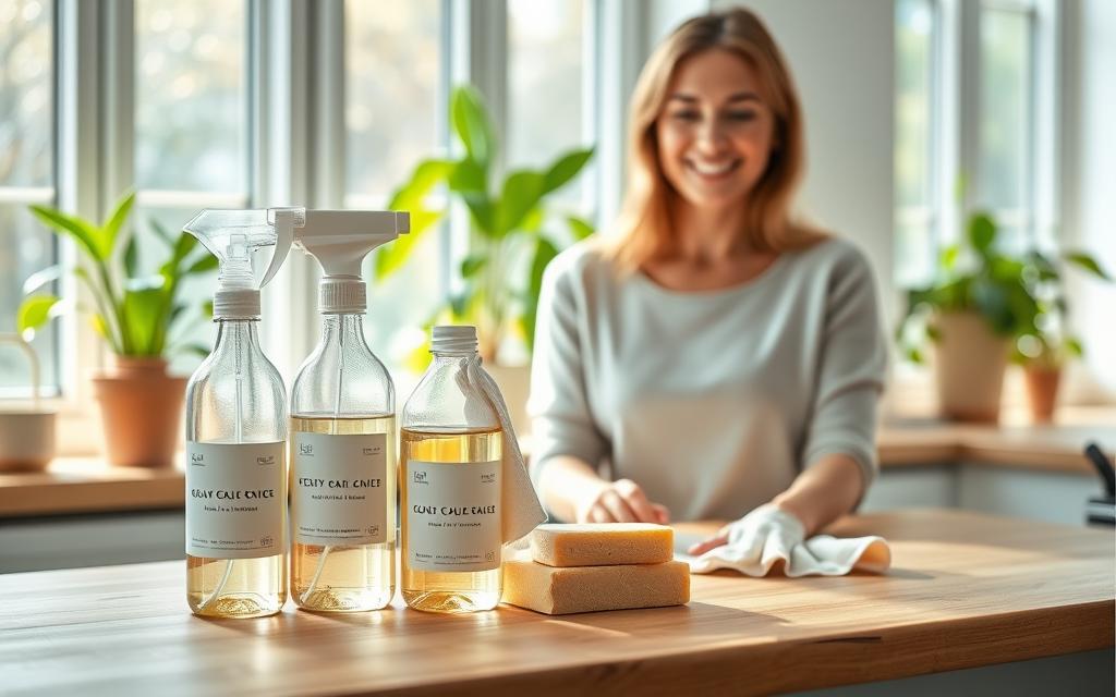 A bright and inviting kitchen scene focused on non-toxic cleaning products. In the foreground, a wooden countertop displays several eco-friendly cleaning supplies in minimalist packaging, such as a glass spray bottle filled with a natural solution, a bar of homemade soap, and a microfiber cloth, all arranged neatly. In the middle ground, a woman dressed in modest casual clothing, with a cheerful expression, is wiping down the countertop with the cloth, promoting a sense of safety and wellness. In the background, large windows let in soft, natural light, illuminating vibrant houseplants on the window sill, creating a fresh and clean atmosphere. The overall mood is uplifting and calming, emphasizing a healthy lifestyle with non-toxic cleaning practices. A bright and inviting kitchen scene focused on non-toxic cleaning products. In the foreground, a wooden countertop displays several eco-friendly cleaning supplies in minimalist packaging, such as a glass spray bottle filled with a natural solution, a bar of homemade soap, and a microfiber cloth, all arranged neatly. In the middle ground, a woman dressed in modest casual clothing, with a cheerful expression, is wiping down the countertop with the cloth, promoting a sense of safety and wellness. In the background, large windows let in soft, natural light, illuminating vibrant houseplants on the window sill, creating a fresh and clean atmosphere. The overall mood is uplifting and calming, emphasizing a healthy lifestyle with non-toxic cleaning practices.