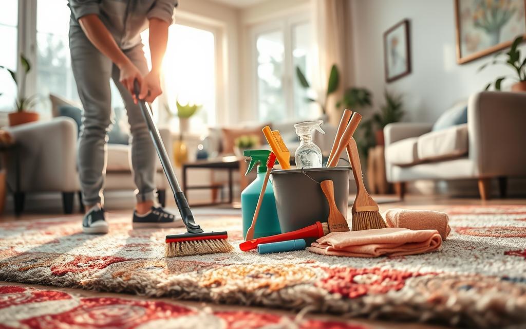 A bright and inviting living room featuring a person in casual yet tidy clothing cleaning a plush carpet by hand with a brush and soapy water. The foreground showcases the person actively scrubbing a colorful, patterned rug, highlighting the gentle action of manual cleaning. In the middle, an array of cleaning supplies, such as a bucket of soapy water, brushes, and cloths, are artistically arranged, emphasizing a homey feel. The background reveals soft sunlight filtering through a large window, casting warm, golden hues across the room filled with tasteful furniture and decorative plants. The atmosphere is calm and soothing, suggesting a thorough and effective cleaning process without the use of a vacuum cleaner. The perspective is slightly angled to capture both the action and the inviting environment.