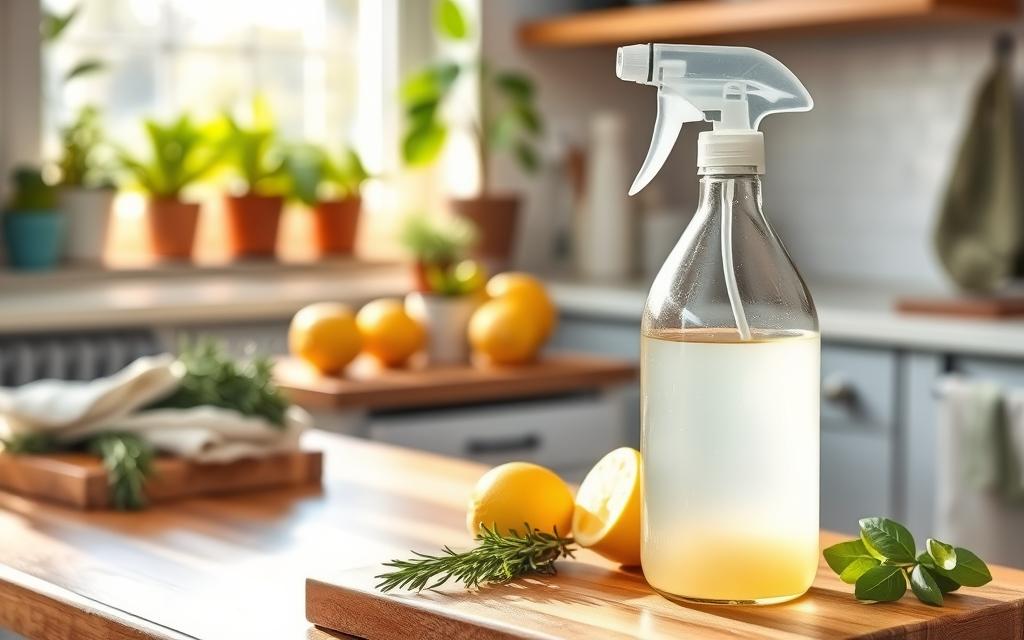 A bright, well-lit kitchen scene showcasing natural disinfectants. In the foreground, a clear glass spray bottle filled with a homemade blend of vinegar, lemon, and essential oils, glistening under soft, natural light. Beside it, fresh herbs like rosemary and thyme arranged on a cutting board, emphasizing the concept of natural ingredients. In the middle ground, a wooden table is neatly organized with eco-friendly cleaning cloths and citrus fruits, creating a fresh and inviting atmosphere. The background is a cozy kitchen with potted plants on the windowsill and sunlight streaming through, highlighting the natural ambiance. The overall mood is clean, refreshing, and eco-conscious, perfect for illustrating the benefits of natural disinfectants. A bright, well-lit kitchen scene showcasing natural disinfectants. In the foreground, a clear glass spray bottle filled with a homemade blend of vinegar, lemon, and essential oils, glistening under soft, natural light. Beside it, fresh herbs like rosemary and thyme arranged on a cutting board, emphasizing the concept of natural ingredients. In the middle ground, a wooden table is neatly organized with eco-friendly cleaning cloths and citrus fruits, creating a fresh and inviting atmosphere. The background is a cozy kitchen with potted plants on the windowsill and sunlight streaming through, highlighting the natural ambiance. The overall mood is clean, refreshing, and eco-conscious, perfect for illustrating the benefits of natural disinfectants.