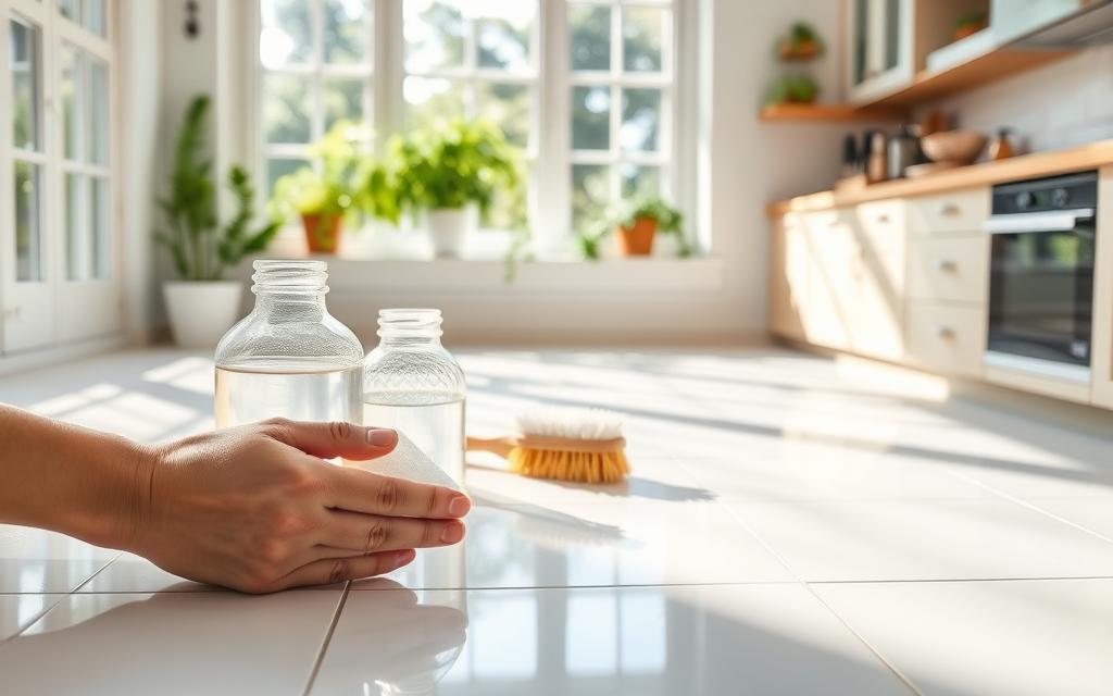 A clean, bright kitchen scene focusing on eco-friendly tile grout cleaning. In the foreground, a hands-on approach using natural cleaning solutions like vinegar and baking soda in glass containers, alongside biodegradable scrub brushes. The middle ground features a tiled floor with shiny, white grout, showcasing the effectiveness of the cleaning method. In the background, large windows allow soft, natural sunlight to illuminate the space, creating a fresh and inviting atmosphere. The setting has potted herbs on a windowsill, enhancing the eco-friendly theme. The image captures a serene, clean environment, evoking a sense of well-being and sustainability, with a macro lens perspective for detailed texture visibility.