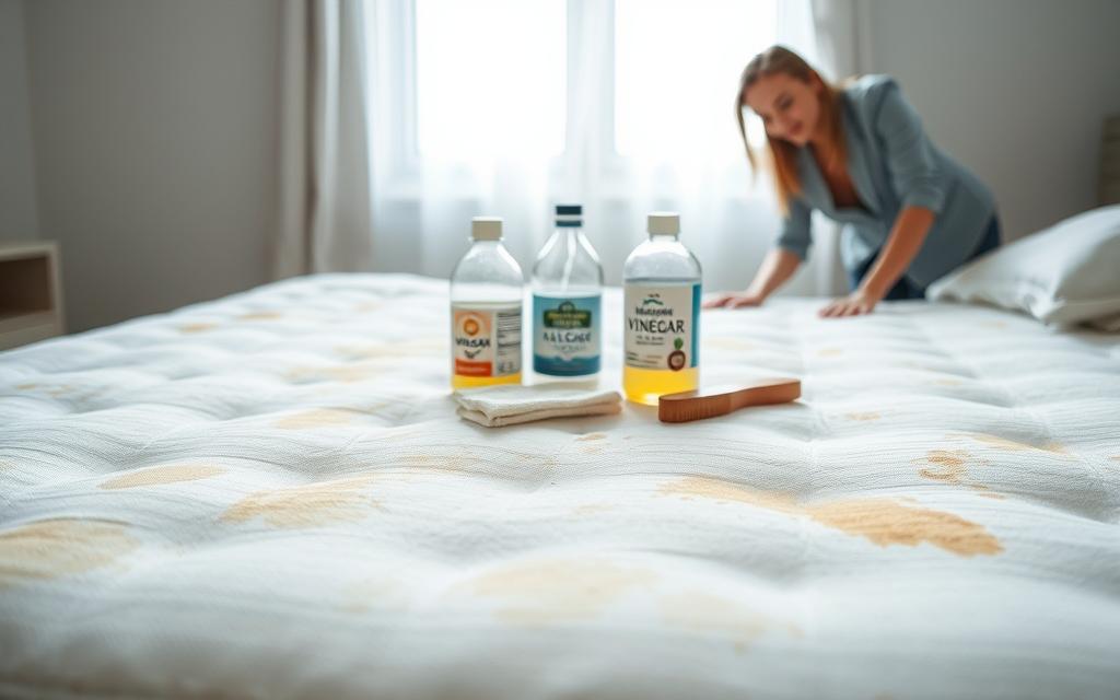 A clean, well-lit bedroom setting with a focus on a mattress positioned prominently in the foreground. The mattress is clearly stained, displaying different types of common stains like yellowing and dark spots. On one side, a modestly dressed individual in professional casual attire can be seen actively scrubbing the mattress with natural cleaning products like baking soda and vinegar. In the middle ground, there are bottles of these natural substances along with a cloth and brush, neatly arranged next to the bed. The background features soft, diffused natural light coming through a window, creating a calm and inviting atmosphere. The composition is balanced, with a shallow depth of field focusing on the mattress and cleaning process, inviting viewers to understand the context of mattress stain removal naturally at home.