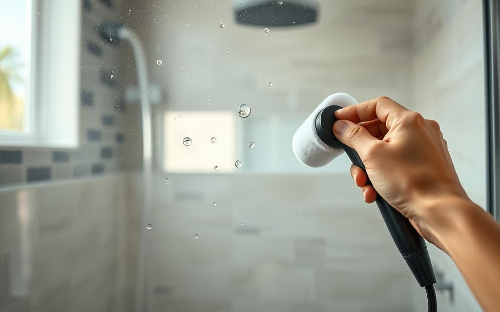 A close-up image of pristine, streak-free shower glass, showcasing a sparkling surface reflecting soft, natural light. The foreground features a hand holding a professional cleaning tool, with droplets of water highlighting the cleanliness of the surface. In the middle, the glass is partially transparent, revealing a beautifully tiled shower wall behind it, adding depth and context. The background includes subtle hints of a modern bathroom setup, with neutral-toned tiles and minimalistic decor. The lighting emphasizes the clarity of the glass, creating an inviting and fresh atmosphere, suggesting cleanliness and hygiene. The overall mood is serene and organized, illustrating effective cleaning techniques without distractions or text overlays.
