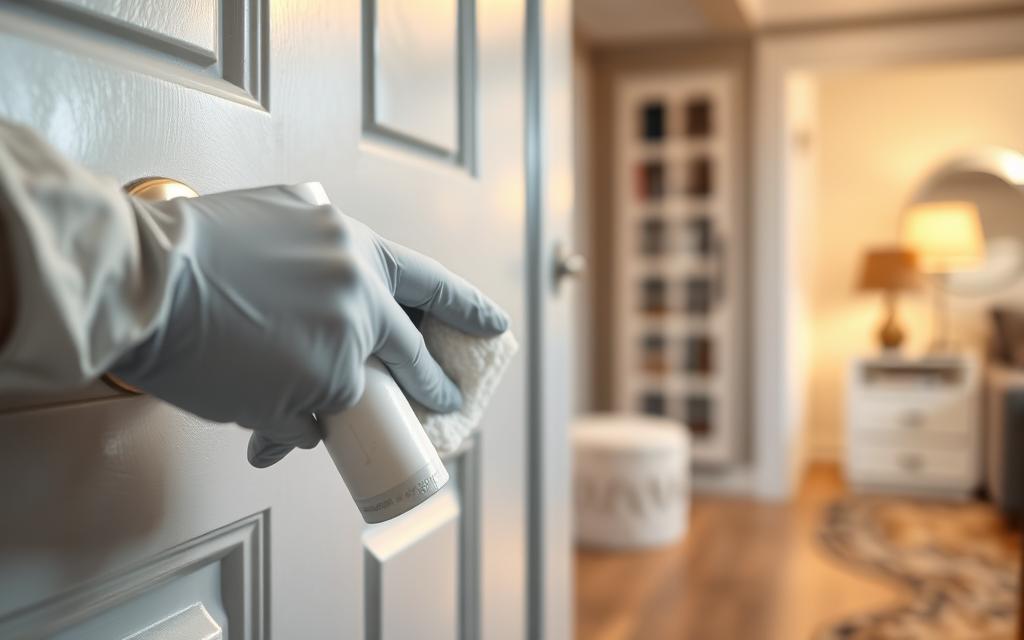 A close-up view of a clean, shiny door handle being wiped with a disinfectant cloth, emphasizing hygiene. In the foreground, a pair of gloved hands diligently cleaning the handle, showing attention to detail and care. The mid-ground features a sleek, modern door and freshly polished surface, reflecting light to create a sense of cleanliness. In the background, a soft-focus view of a tidy home interior, with warm lighting illuminating the space and creating an inviting atmosphere. The overall mood is one of health consciousness and responsibility, fostering a sense of safety and cleanliness in a domestic setting. The composition is well-balanced, with depth of field blurring the background, focusing on the act of cleaning. A close-up view of a clean, shiny door handle being wiped with a disinfectant cloth, emphasizing hygiene. In the foreground, a pair of gloved hands diligently cleaning the handle, showing attention to detail and care. The mid-ground features a sleek, modern door and freshly polished surface, reflecting light to create a sense of cleanliness. In the background, a soft-focus view of a tidy home interior, with warm lighting illuminating the space and creating an inviting atmosphere. The overall mood is one of health consciousness and responsibility, fostering a sense of safety and cleanliness in a domestic setting. The composition is well-balanced, with depth of field blurring the background, focusing on the act of cleaning.