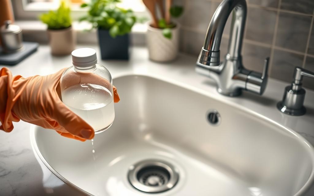 A close-up view of a kitchen sink with a subtle odor emanating from the drain, surrounded by a clean countertop. In the foreground, a pair of hands, wearing rubber gloves, holds a natural cleaning solution, such as vinegar or baking soda, poised to be poured into the sink. The middle background features a shiny, modern kitchen faucet and a gleaming sink, with a slight sheen of water on the surface suggesting recent cleaning. In the background, soft ambient lighting provides a warm and inviting atmosphere, highlighting kitchen utensils and a window with fresh herbs. The composition should convey a sense of cleanliness and practical home maintenance while avoiding any chemical products, focusing on natural odor removal techniques. Aim for a bright and fresh mood.