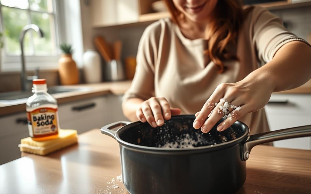 A close-up view of a woman in a modest casual outfit scrubbing a burnt pot with a sprinkle of baking soda on the surface. The foreground highlights the pot, showcasing the scrubbing technique where the baking soda creates a gentle foamy reaction. In the middle ground, display a well-organized kitchen countertop with a bottle of baking soda and a soft sponge. The background features a warm, inviting kitchen with natural light streaming through a window, casting soft shadows. Capture the mood of determination and cleanliness, emphasizing the importance of maintaining clean cookware. Use a soft focus to keep the attention on the scrubbing action, and set the camera angle slightly above eye level for an engaging perspective.