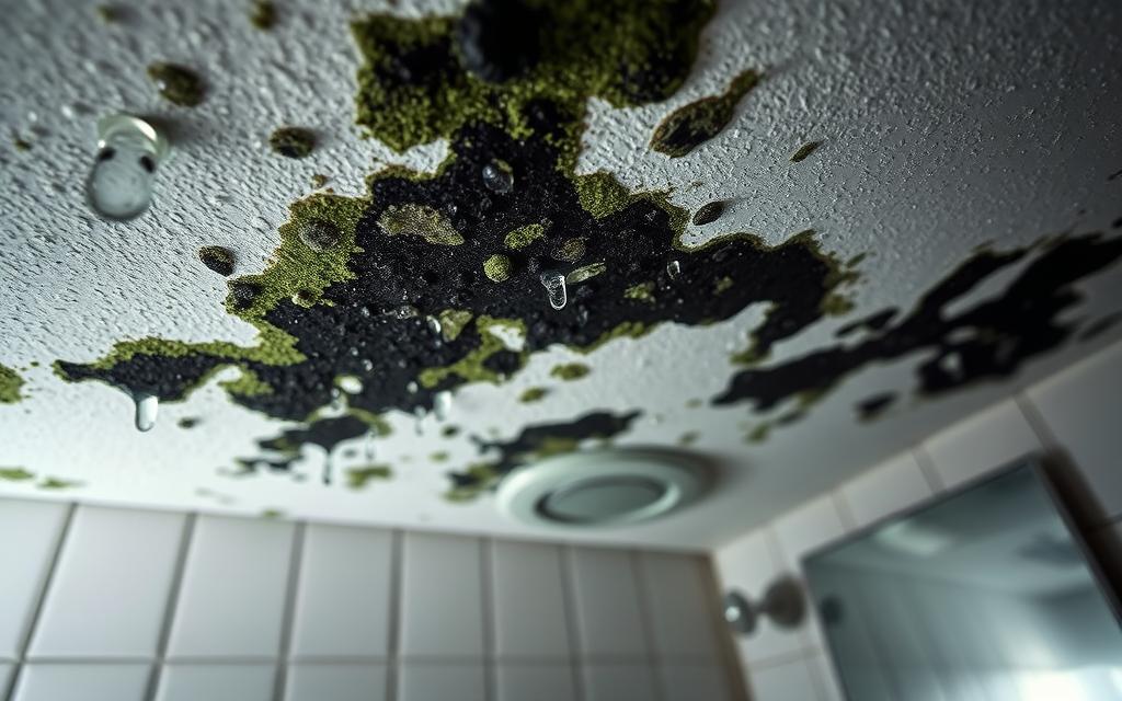 A close-up view of bathroom mold growth on a textured ceiling, showcasing dark green and black patches of mold spreading across the painted surface. In the foreground, droplets of condensation cling to the edges of the mold, reflecting dim light. The middle ground features a well-lit bathroom setting, highlighting inherent moisture and poor ventilation, with a small, slightly cracked exhaust fan visible. The background consists of white tiles and a foggy mirror, adding to the damp atmosphere. The lighting is soft and shadowy, enhancing the eerie feeling of neglect. The overall mood conveys a sense of concern regarding hygiene, illustrating the hidden dangers of mold in bathrooms.