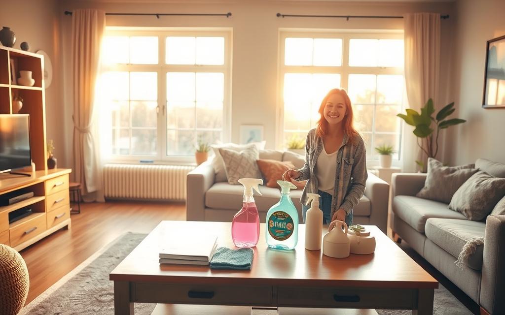 A cozy, inviting living room with a neat and organized atmosphere. In the foreground, a cheerful person casually dusting a shelf, dressed in comfortable yet tidy casual clothing. In the middle, a well-arranged coffee table with cleaning supplies like a spray bottle and microfiber cloth, symbolizing the ease of maintaining cleanliness. In the background, large windows let in soft, warm sunlight, casting a golden glow over the space, enhancing the feeling of tranquility and order. The overall mood conveys a sense of accomplishment and ease, showcasing how a simple cleaning routine can lead to a more enjoyable living environment. The image should be bright and uplifting, with a focus on harmony and cleanliness. A cozy, inviting living room with a neat and organized atmosphere. In the foreground, a cheerful person casually dusting a shelf, dressed in comfortable yet tidy casual clothing. In the middle, a well-arranged coffee table with cleaning supplies like a spray bottle and microfiber cloth, symbolizing the ease of maintaining cleanliness. In the background, large windows let in soft, warm sunlight, casting a golden glow over the space, enhancing the feeling of tranquility and order. The overall mood conveys a sense of accomplishment and ease, showcasing how a simple cleaning routine can lead to a more enjoyable living environment. The image should be bright and uplifting, with a focus on harmony and cleanliness.
