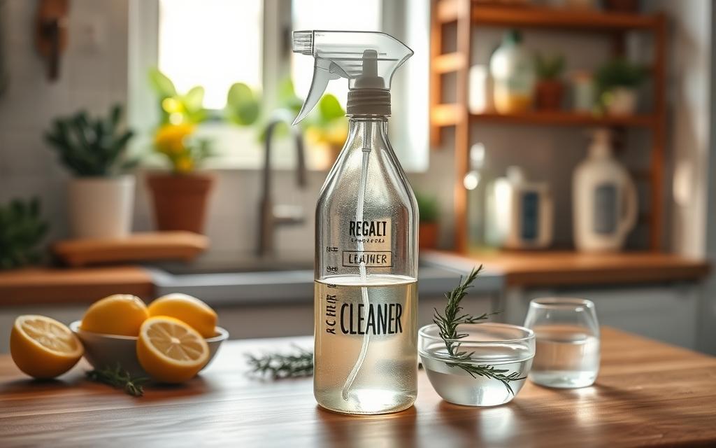 A cozy kitchen scene featuring a clear glass spray bottle filled with a homemade all-purpose cleaner, placed prominently on a wooden countertop. Surrounding the bottle, fresh ingredients such as lemon halves, sprigs of rosemary, and a small bowl of vinegar showcase the natural components of the cleaner. Soft, warm light filters through a nearby window, creating a welcoming atmosphere. In the background, a well-organized shelf displays eco-friendly cleaning supplies and houseplants, emphasizing sustainability. The image should have a slightly blurred background to keep the focus on the cleaner bottle, and the composition should evoke a sense of cleanliness and harmony, encouraging viewers to consider the benefits of homemade cleaning solutions. A cozy kitchen scene featuring a clear glass spray bottle filled with a homemade all-purpose cleaner, placed prominently on a wooden countertop. Surrounding the bottle, fresh ingredients such as lemon halves, sprigs of rosemary, and a small bowl of vinegar showcase the natural components of the cleaner. Soft, warm light filters through a nearby window, creating a welcoming atmosphere. In the background, a well-organized shelf displays eco-friendly cleaning supplies and houseplants, emphasizing sustainability. The image should have a slightly blurred background to keep the focus on the cleaner bottle, and the composition should evoke a sense of cleanliness and harmony, encouraging viewers to consider the benefits of homemade cleaning solutions.