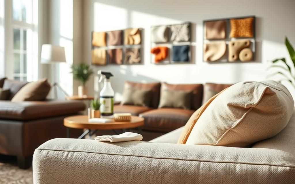 A cozy living room scene showcasing various types of sofa fabrics for cleaning tips. In the foreground, a plush, light-colored fabric sofa with visible texture contrasts with a darker, smooth leather sofa nearby. A few cleaning supplies, such as a spray bottle, soft brush, and cloth, rest on a stylish side table. The middle includes a well-lit room filled with natural sunlight, highlighting the richness of the different fabrics. In the background, a neutral-toned wall with framed pictures of fabric swatches enhances the educational atmosphere. The image has a warm, inviting feel, emphasizing comfort and cleanliness, captured with a soft focus lens to create a serene ambiance.