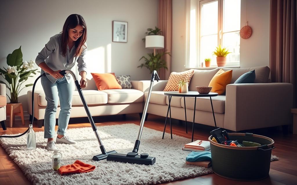 A cozy, modern living room scene with an inviting atmosphere, featuring a woman in professional casual attire, actively cleaning and organizing. In the foreground, she is using a vacuum cleaner on a plush area rug, surrounded by neatly arranged cleaning supplies like a spray bottle and microfiber cloth. The middle ground showcases a tidy sofa adorned with colorful cushions and a small coffee table with a few decorative plants and a book. The background reveals a window with warm, natural light streaming in, enhancing the sense of cleanliness and order. Soft shadows create depth in the scene, evoking a calm and productive mood, emphasizing the importance of a daily cleaning routine for busy individuals. A cozy, modern living room scene with an inviting atmosphere, featuring a woman in professional casual attire, actively cleaning and organizing. In the foreground, she is using a vacuum cleaner on a plush area rug, surrounded by neatly arranged cleaning supplies like a spray bottle and microfiber cloth. The middle ground showcases a tidy sofa adorned with colorful cushions and a small coffee table with a few decorative plants and a book. The background reveals a window with warm, natural light streaming in, enhancing the sense of cleanliness and order. Soft shadows create depth in the scene, evoking a calm and productive mood, emphasizing the importance of a daily cleaning routine for busy individuals.
