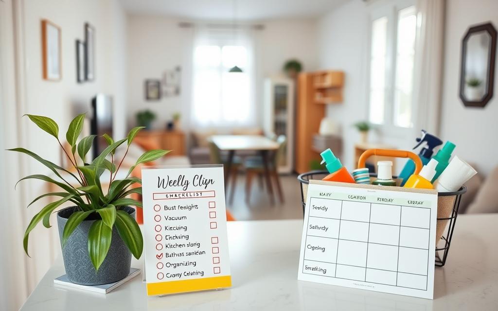 A cozy small apartment living space featuring a colorful weekly cleaning checklist prominently displayed on a kitchen counter. The checklist includes sections for dusting, vacuuming, kitchen cleaning, bathroom sanitation, and organizing. In the foreground, there is a potted plant and a stylish cleaning caddy filled with eco-friendly supplies. The middle ground shows a neatly arranged kitchen and living area with soft, natural light filtering through a window, creating a warm atmosphere. In the background, light pastel colors and minimalist furniture evoke a clean, organized environment. The scene conveys a sense of calm and productivity, perfect for understanding the importance of maintaining a clean living space in small apartments. A cozy small apartment living space featuring a colorful weekly cleaning checklist prominently displayed on a kitchen counter. The checklist includes sections for dusting, vacuuming, kitchen cleaning, bathroom sanitation, and organizing. In the foreground, there is a potted plant and a stylish cleaning caddy filled with eco-friendly supplies. The middle ground shows a neatly arranged kitchen and living area with soft, natural light filtering through a window, creating a warm atmosphere. In the background, light pastel colors and minimalist furniture evoke a clean, organized environment. The scene conveys a sense of calm and productivity, perfect for understanding the importance of maintaining a clean living space in small apartments.