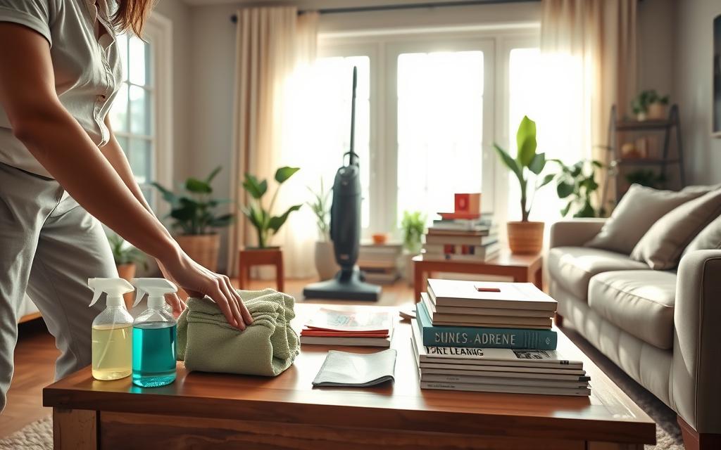 A cozy, well-lit living room showcasing a 10-minute daily cleaning routine. In the foreground, a person in modest casual clothing is seen using a microfiber cloth to wipe down a coffee table, surrounded by neatly arranged cleaning supplies like spray bottles and cloths. In the middle, a vacuum cleaner stands ready beside a pile of neatly stacked books and magazines, hinting at quick tasks. The background features sun streaming through a window, casting soft shadows that create a warm, inviting atmosphere. Potted plants and a comfortable sofa add a homey touch, conveying the idea of maintaining a clean, organized space easily. The mood is calm and productive, illustrating the simplicity of a short cleaning routine. A cozy, well-lit living room showcasing a 10-minute daily cleaning routine. In the foreground, a person in modest casual clothing is seen using a microfiber cloth to wipe down a coffee table, surrounded by neatly arranged cleaning supplies like spray bottles and cloths. In the middle, a vacuum cleaner stands ready beside a pile of neatly stacked books and magazines, hinting at quick tasks. The background features sun streaming through a window, casting soft shadows that create a warm, inviting atmosphere. Potted plants and a comfortable sofa add a homey touch, conveying the idea of maintaining a clean, organized space easily. The mood is calm and productive, illustrating the simplicity of a short cleaning routine.