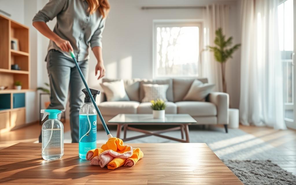A cozy, well-organized living room during daylight, showcasing a daily cleaning routine. In the foreground, a person in modest casual clothing is actively dusting a coffee table, surrounded by cleaning supplies like a microfiber cloth and a spray bottle. The middle ground features a neatly arranged sofa with plush cushions and a small potted plant. The background has a sparkling window with warm sunlight streaming in, illuminating the clean space. The atmosphere is bright and inviting, reflecting a sense of tranquility and accomplishment. Natural lighting enhances the cleanliness of the room, with soft shadows falling gently across the floor, emphasizing the simplicity of maintaining an orderly home. A cozy, well-organized living room during daylight, showcasing a daily cleaning routine. In the foreground, a person in modest casual clothing is actively dusting a coffee table, surrounded by cleaning supplies like a microfiber cloth and a spray bottle. The middle ground features a neatly arranged sofa with plush cushions and a small potted plant. The background has a sparkling window with warm sunlight streaming in, illuminating the clean space. The atmosphere is bright and inviting, reflecting a sense of tranquility and accomplishment. Natural lighting enhances the cleanliness of the room, with soft shadows falling gently across the floor, emphasizing the simplicity of maintaining an orderly home.