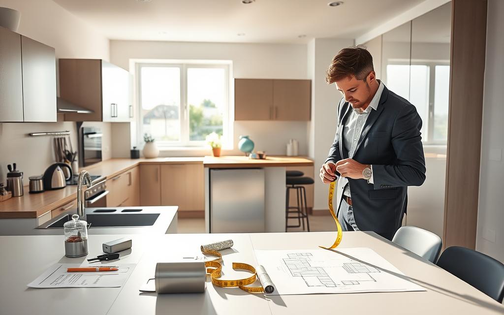 A modern kitchen interior showcasing an efficient layout, focusing on a compact space. In the foreground, a designer in professional attire is actively measuring the distance between countertops and appliances with a tape measure, surrounded by small kitchen gadgets and layout sketches. The middle ground features sleek cabinets, a small refrigerator, and an island with bar stools, emphasizing the use of space. In the background, bright natural light floods through a window, illuminating the room and creating a warm, inviting atmosphere. Soft shadows enhance the features of the kitchen, lending a sense of depth and dimension. The angle is slightly elevated, offering a comprehensive view of the spatial arrangement, ideal for assessing kitchen efficiency.