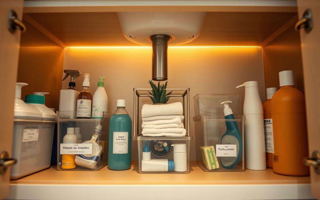 A neatly organized under-sink cabinet showcasing effective storage solutions. In the foreground, visible pull-out bins and labeled containers filled with cleaning supplies and toiletries, arranged methodically for easy access. The middle layer features a small, stylish shelving unit holding a stack of reusable cleaning cloths and a decorative plant, adding a touch of greenery. The background depicts the cabinet's walls painted in a soft, neutral color, with warm, diffused lighting from a small LED strip illuminating the space, creating a clean and inviting atmosphere. The angle captures the entire cabinet from a low perspective, emphasizing the organized layout and functional design. A sense of tranquility and order prevails in this well-thought-out under-sink storage.