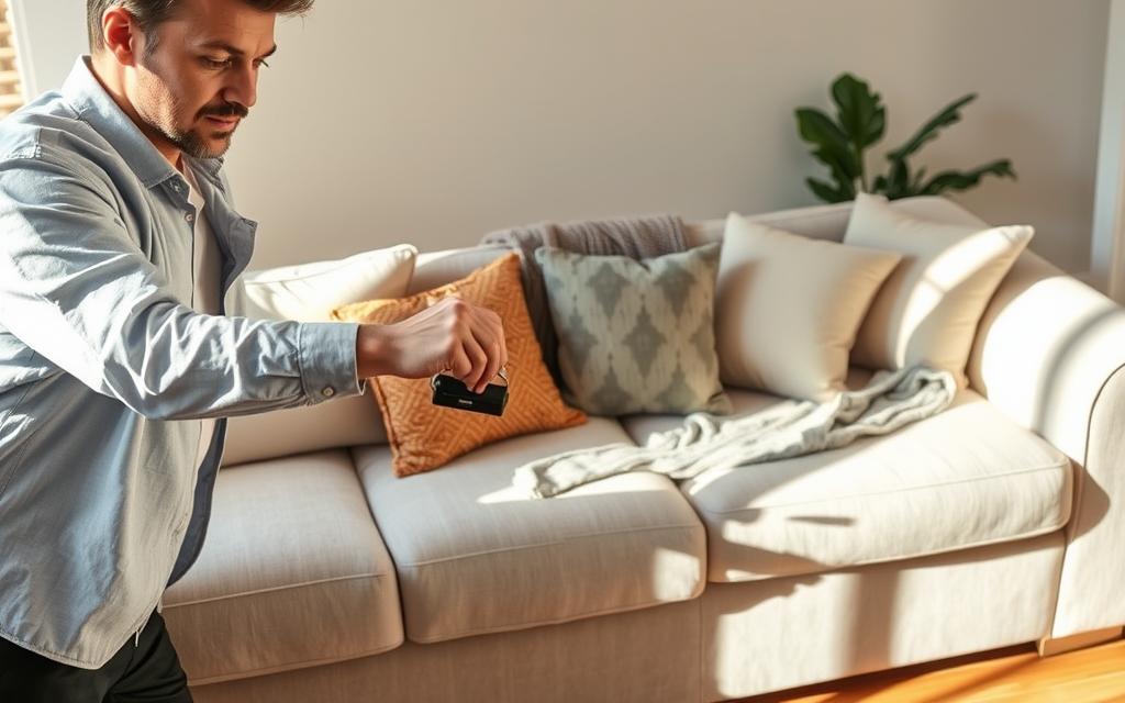 A person in smart casual clothing actively removes pet hair from a plush, light-colored upholstered sofa using a lint roller. The scene is set in a cozy living room with soft natural lighting streaming through a window, casting gentle shadows. In the foreground, the person's focused expression is visible as they glide the roller over the fabric, effectively capturing stray hairs. In the middle of the composition, the sofa is adorned with decorative cushions and a cozy throw blanket, which subtly indicate a pet-friendly environment. The background features warm wood flooring and a potted plant, enhancing the inviting and clean atmosphere of the space. The image conveys a sense of ease and efficiency in maintaining clean furniture.