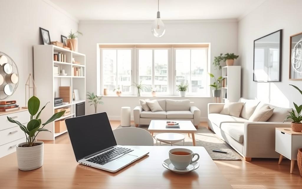 A serene and organized home environment showcasing decluttering tips. In the foreground, a neatly arranged workspace with minimal essentials: a stylish desk with a potted plant, a closed laptop, and a cup of tea. The middle ground displays a cozy living area featuring tidy shelves with decorative items and books, and a comfortable couch adorned with cushions. The background reveals a bright, airy room with ample natural light streaming in through large windows, illuminating soft, neutral-colored walls. The atmosphere is calm and inviting, inspiring productivity and clarity. The scene is captured with a wide-angle lens, emphasizing the orderliness of the space, highlighting the importance of decluttering in everyday life. A serene and organized home environment showcasing decluttering tips. In the foreground, a neatly arranged workspace with minimal essentials: a stylish desk with a potted plant, a closed laptop, and a cup of tea. The middle ground displays a cozy living area featuring tidy shelves with decorative items and books, and a comfortable couch adorned with cushions. The background reveals a bright, airy room with ample natural light streaming in through large windows, illuminating soft, neutral-colored walls. The atmosphere is calm and inviting, inspiring productivity and clarity. The scene is captured with a wide-angle lens, emphasizing the orderliness of the space, highlighting the importance of decluttering in everyday life.