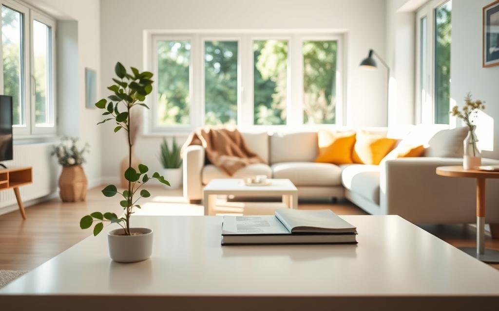 A serene home interior showcasing the benefits of decluttering, featuring a bright, airy living room bathed in soft natural light. In the foreground, a neatly organized coffee table with minimalistic decor—like a small plant and a book—creates a sense of calm. The middle ground includes a cozy couch with clean lines, adorned with a single throw blanket, and bright cushions, emphasizing simplicity. In the background, large windows reveal a lush garden, enhancing the peaceful atmosphere. The angle is slightly elevated, offering a glimpse of the entire room that conveys harmony and openness. The mood is uplifting and motivating, inviting viewers to envision the clarity and comfort that comes from a decluttered home. A serene home interior showcasing the benefits of decluttering, featuring a bright, airy living room bathed in soft natural light. In the foreground, a neatly organized coffee table with minimalistic decor—like a small plant and a book—creates a sense of calm. The middle ground includes a cozy couch with clean lines, adorned with a single throw blanket, and bright cushions, emphasizing simplicity. In the background, large windows reveal a lush garden, enhancing the peaceful atmosphere. The angle is slightly elevated, offering a glimpse of the entire room that conveys harmony and openness. The mood is uplifting and motivating, inviting viewers to envision the clarity and comfort that comes from a decluttered home.