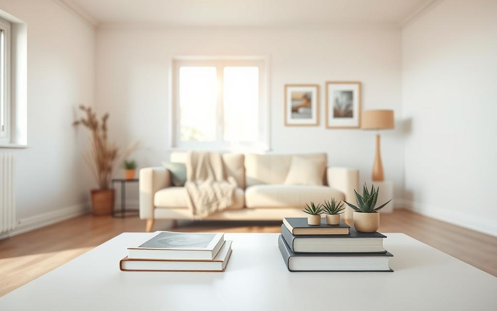A serene minimalist living space, showcasing a clean, organized room with a neutral color palette. In the foreground, a simple, elegant coffee table with a couple of neatly arranged books and a small succulent plant. In the middle, a cozy sofa with a single textured throw, positioned to face a large window that gently lets in warm natural light, creating soft shadows. The background features white walls adorned with a few carefully selected pieces of art, emphasizing negative space. The overall atmosphere is calm and inviting, conveying the peacefulness and simplicity of a minimalist lifestyle. Use soft focus to highlight the serene mood, with a slight depth of field that draws attention to the organized elements in the space. A serene minimalist living space, showcasing a clean, organized room with a neutral color palette. In the foreground, a simple, elegant coffee table with a couple of neatly arranged books and a small succulent plant. In the middle, a cozy sofa with a single textured throw, positioned to face a large window that gently lets in warm natural light, creating soft shadows. The background features white walls adorned with a few carefully selected pieces of art, emphasizing negative space. The overall atmosphere is calm and inviting, conveying the peacefulness and simplicity of a minimalist lifestyle. Use soft focus to highlight the serene mood, with a slight depth of field that draws attention to the organized elements in the space.