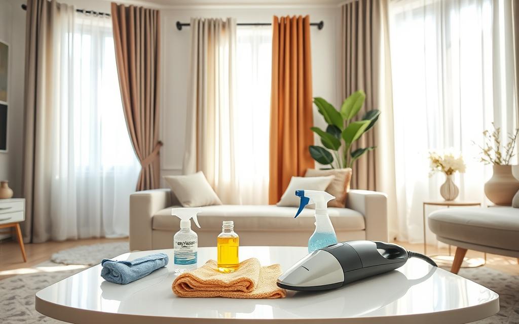 A stylish, bright living room scene showcasing various curtain materials, such as sheer, velvet, and linen, each hanging in a different window. In the foreground, a cleaning tool kit lies open on a chic coffee table, featuring a microfiber cloth, a spray bottle, and a small vacuum. The middle ground emphasizes the curtains, beautifully illuminated by soft, natural light streaming in from outside, highlighting their textures and colors. The background features a cozy indoor plant and elegant decor items, creating a serene and inviting atmosphere. The angle captures the essence of easy cleaning methods, encouraging the viewer to explore practical solutions for maintaining curtains without removal. The overall mood is clean, refreshing, and organized, perfect for a home cleaning guide.