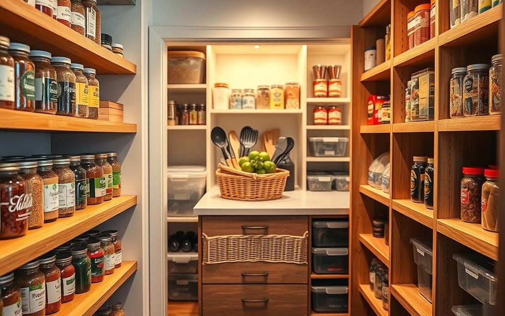 A thoughtfully designed pantry layout displaying an organized space in a small kitchen. In the foreground, visible wooden shelves filled with labeled jars of spices, grains, and legumes. A wicker basket with fresh produce rests on the middle shelf, adding a splash of color. In the middle ground, a compact countertop area features a meal prep station with neatly arranged utensils and cutting boards, showcasing an efficient use of limited space. The background reveals a well-lit pantry with soft ambient lighting highlighting the neatly stacked canned goods and clear storage bins. The scene is warm and inviting, conveying a sense of order and practicality. The composition captures the essence of assessing a pantry layout with a focus on maximizing space and organization.