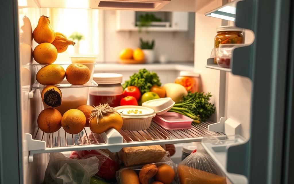 A visually striking kitchen scene showcasing various common causes of fridge odors. In the foreground, an open refrigerator filled with spoiled food items such as moldy fruits, expired dairy products, and a half-eaten takeout container. In the middle ground, a fresh produce shelf with a few fresh vegetables and some browning herbs contrasts with the spoiled items. The background features a tidy kitchen setting with soft natural lighting coming from a nearby window, creating a warm and domestic atmosphere. The angle should be slightly tilted to emphasize the refrigerator and its contents, drawing attention to the offending items while maintaining a clean, organized backdrop. The overall mood should evoke curiosity, aiming to educate viewers on what contributes to unwanted smells in their refrigerators.