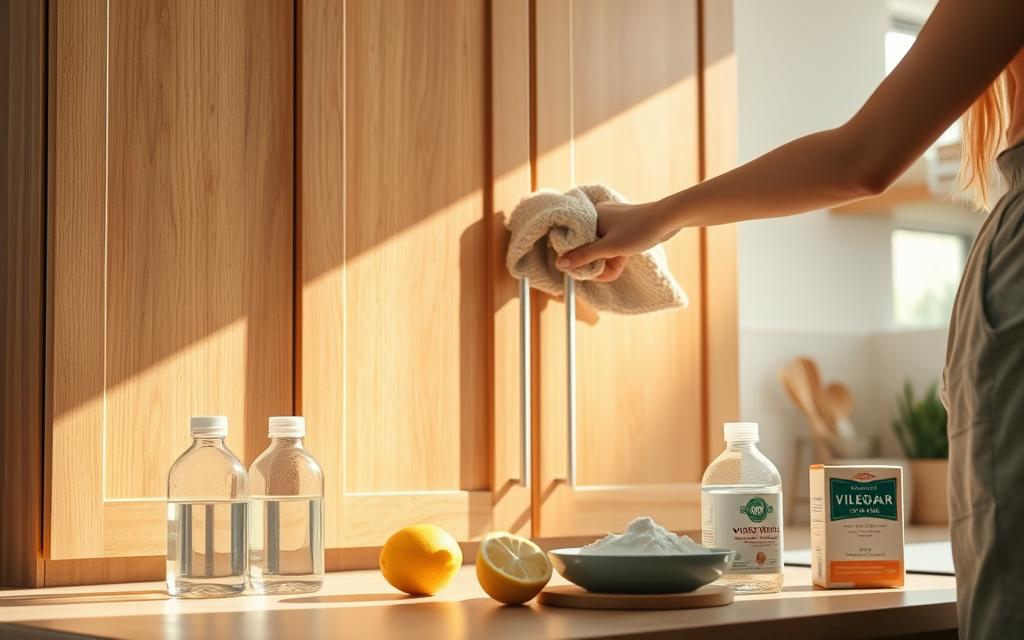 A warm, inviting kitchen scene, highlighting a pair of modern wooden cabinets with a visibly greasy surface illuminated by soft, natural sunlight streaming through a window. In the foreground, a person dressed in modest, casual attire is applying a natural cleaning solution made from vinegar and lemon juice, using a microfiber cloth to gently wipe the cabinet door. Surrounding them are natural cleaning ingredients like a half-cut lemon, a bowl of vinegar, and baking soda artfully arranged on a countertop. In the background, subtle details like potted herbs and tidy kitchen utensils enhance the clean, homey atmosphere. The focus is on the act of cleaning, conveying a sense of practicality and eco-friendliness in caring for kitchen surfaces without harmful chemicals. The image is bright, airy, and encouraging a sense of cleanliness.