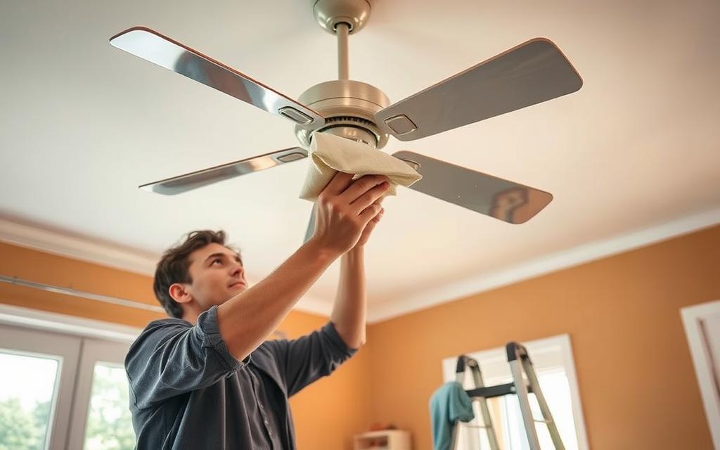 A well-lit interior room with a shining ceiling fan, showcasing a person in professional casual attire carefully cleaning the fan blades. The foreground features a soft cloth being used, dust particles highlighted in the light to emphasize their presence. The middle ground includes a ladder and cleaning supplies like a dusting spray and microfiber cloths, neatly arranged for easy access. The background reveals warm, inviting wall colors and soft natural light streaming in through nearby windows, creating a clean and peaceful atmosphere. The scene conveys focus and diligence in minimizing dust while maintaining a clean environment, highlighting the importance of effective cleaning techniques without spreading particles around. A well-lit interior room with a shining ceiling fan, showcasing a person in professional casual attire carefully cleaning the fan blades. The foreground features a soft cloth being used, dust particles highlighted in the light to emphasize their presence. The middle ground includes a ladder and cleaning supplies like a dusting spray and microfiber cloths, neatly arranged for easy access. The background reveals warm, inviting wall colors and soft natural light streaming in through nearby windows, creating a clean and peaceful atmosphere. The scene conveys focus and diligence in minimizing dust while maintaining a clean environment, highlighting the importance of effective cleaning techniques without spreading particles around.