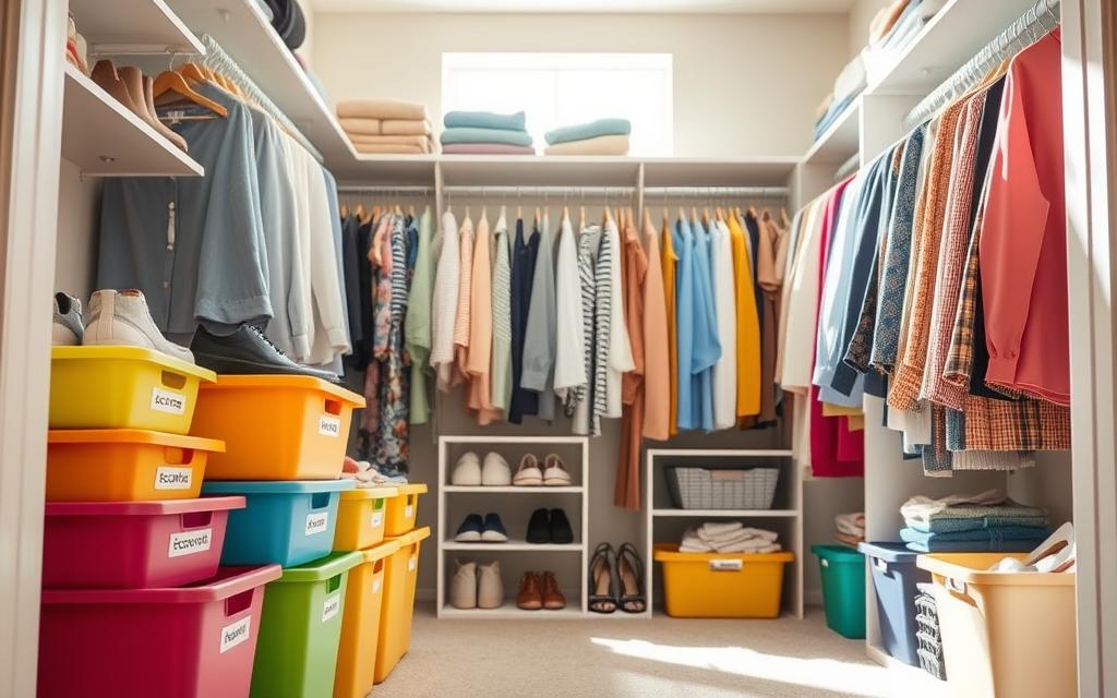 A well-organized closet interior filled with neatly arranged clothing and accessories, showcasing various closet organization tips. In the foreground, colorful bins labeled for shoes, accessories, and seasonal wear are neatly stacked. The middle ground features clothing on hangers in coordinated colors, with some items laid out on a stylish shelf. The background reveals a soft, neutral wall color that enhances the sense of spaciousness. Bright, natural light streams in from a window, casting gentle shadows and creating a warm and inviting atmosphere. The scene provides a sense of calm and order, highlighting effective closet organization techniques. Use a slightly elevated angle to capture the depth of the closet while maintaining a clear view of the organization features.