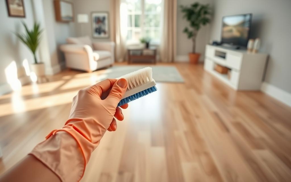 A well-organized living room featuring clean, pristine baseboards as the focal point. In the foreground, a pair of hands, wearing rubber gloves, holding a gentle scrub brush, emphasizing the action of cleaning baseboards without bending down. In the middle ground, a light-colored wood floor reflects a warm and inviting atmosphere, while the baseboards have a shiny, polished look, showcasing their importance in home cleanliness. In the background, soft natural light floods the room through a window, creating an uplifting and airy feeling, enhancing the overall brightness and cleanliness of the space. Capture the scene with a slightly elevated angle, aiming for a bright, cheerful mood that highlights the satisfaction of a clean home. A well-organized living room featuring clean, pristine baseboards as the focal point. In the foreground, a pair of hands, wearing rubber gloves, holding a gentle scrub brush, emphasizing the action of cleaning baseboards without bending down. In the middle ground, a light-colored wood floor reflects a warm and inviting atmosphere, while the baseboards have a shiny, polished look, showcasing their importance in home cleanliness. In the background, soft natural light floods the room through a window, creating an uplifting and airy feeling, enhancing the overall brightness and cleanliness of the space. Capture the scene with a slightly elevated angle, aiming for a bright, cheerful mood that highlights the satisfaction of a clean home.
