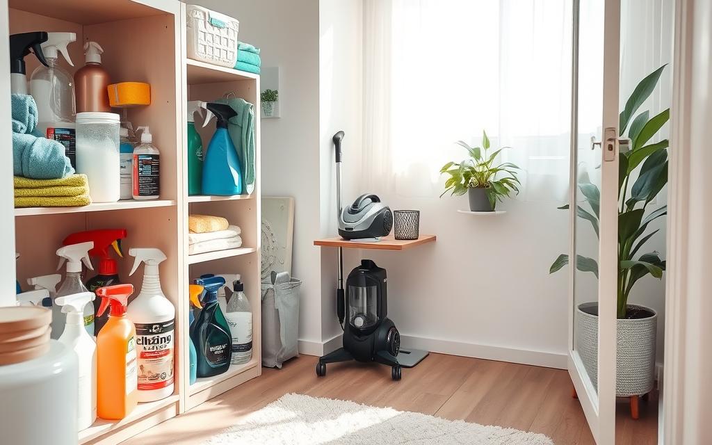 A well-organized small cleaning supplies storage area in a tidy corner of a room. In the foreground, neatly arranged cleaning supplies in varying sizes, including spray bottles, sponges, and microfiber cloths, organized within a compact shelving unit. The middle ground features a small table with a compact vacuum cleaner and additional cleaning items, highlighting efficiency in space usage. The background reveals a light, airy room with soft natural lighting filtering through a window, creating a warm and inviting atmosphere. The scene captures an uncluttered and efficient cleaning space, showcasing the importance of assessing and organizing supplies. The angle is from slightly above, giving a comprehensive view of the entire arrangement, with a focus on cleanliness and functionality.
