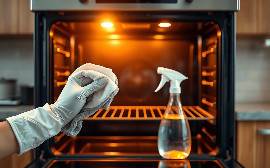 An elegantly lit kitchen scene showcasing the inside of an oven with a sparkling clean glass door. In the foreground, a pair of gloved hands holding a soft cloth and a spray bottle filled with a cleaning solution, demonstrating how to clean the glass effortlessly. The middle background reveals the oven's smooth, shiny interior with no smudges or stains, highlighting the importance of cleanliness. The kitchen features warm, ambient lighting that creates an inviting atmosphere, with a modern aesthetic, including wooden cabinets and stainless steel appliances. The camera angle captures the scene from a slightly lower perspective to emphasize the oven door and the action of cleaning. The mood is cheerful and motivated, suggesting a fulfilling cleaning experience.